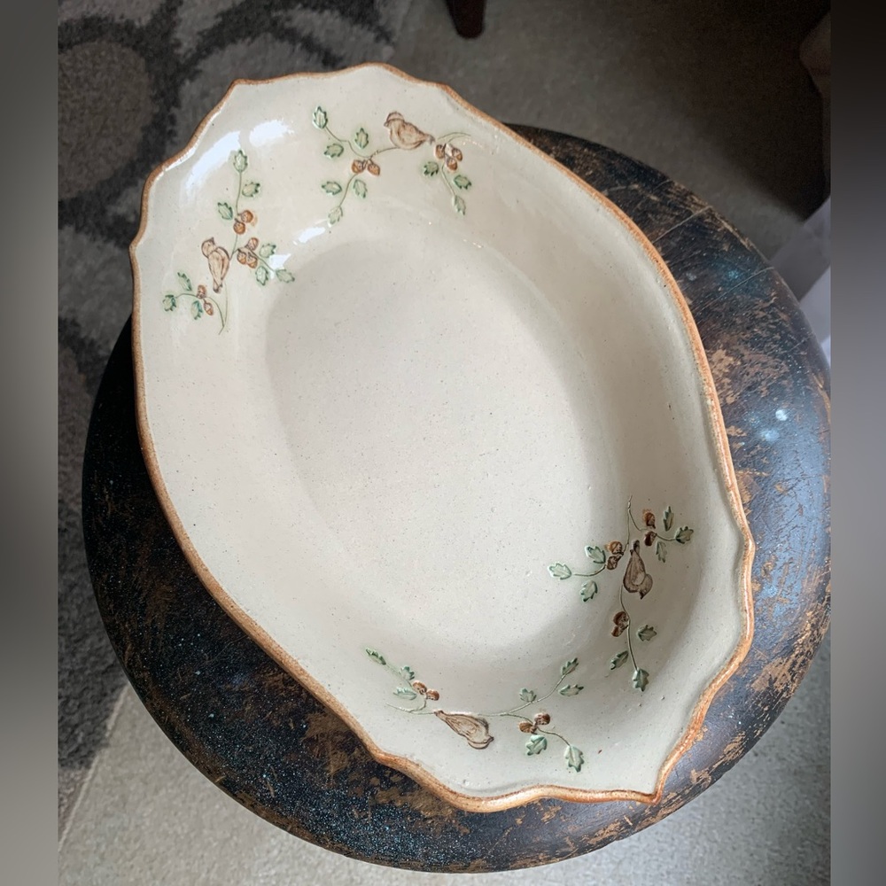 Handmade Pottery Serving Dish Sparrow Bird Acorn Spring Fall 12” Vermont